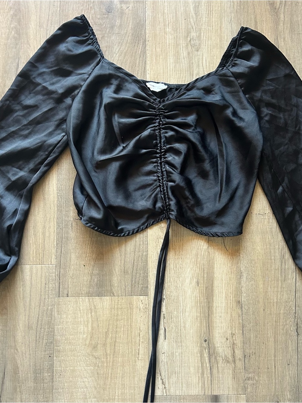 Black Satin Ruched Long-Sleeve Crop Top